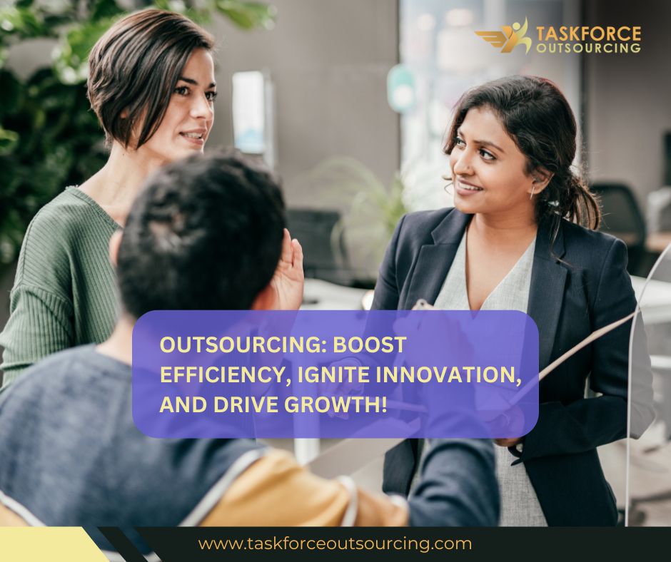 From Efficiency to Innovation: 5 Ways Outsourcing Transforms Your Business, this is a picture that is related to that title and there are people talking and collaborating