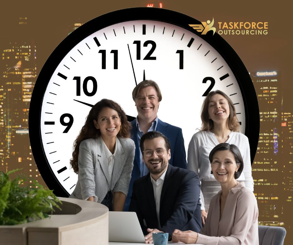 After-Hours Pros with a big clock on the back of the employees